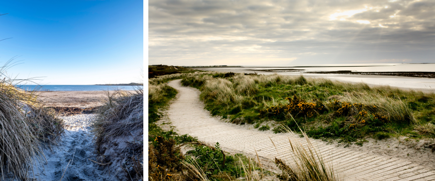 Two images showing Cloughey Beach