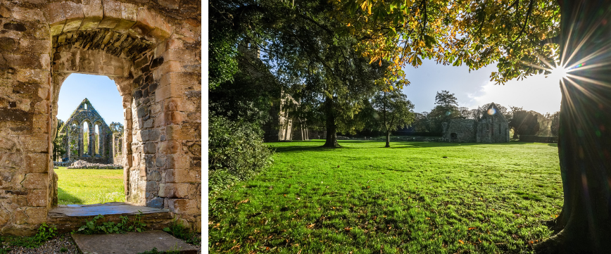 Two images showing Grey Abbey ruins