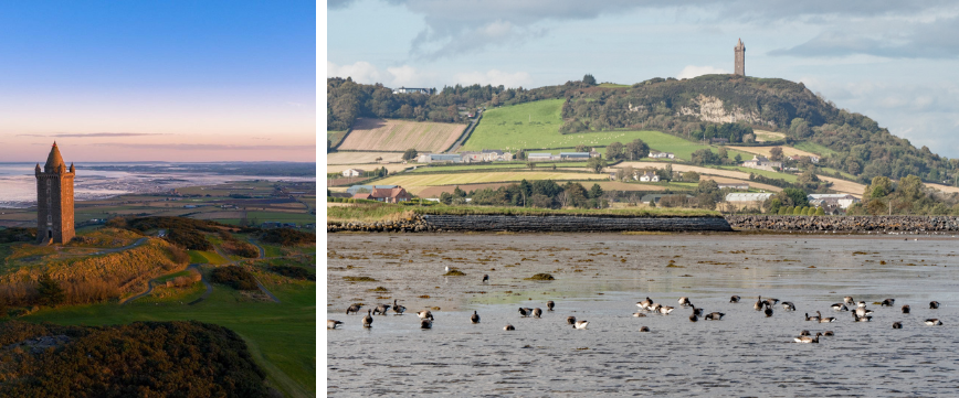 Two images showing Scrabo Tower in Newtownards and the surrounding area