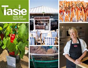 Taste Autumn collage, chilli plant, Chef Rachel Allen, Taste AND graphic, Portavogie Prawns and demo kitchen.