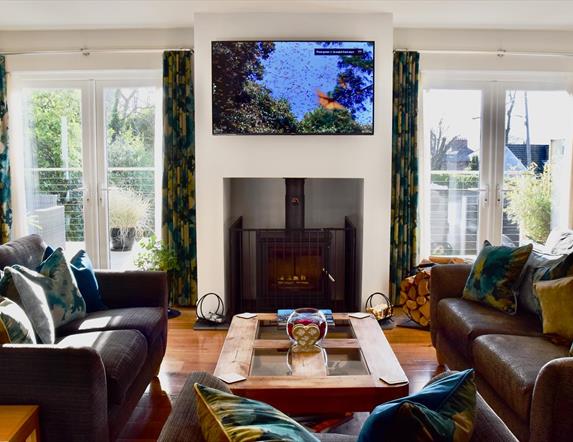 Modern living room with wood burning stove