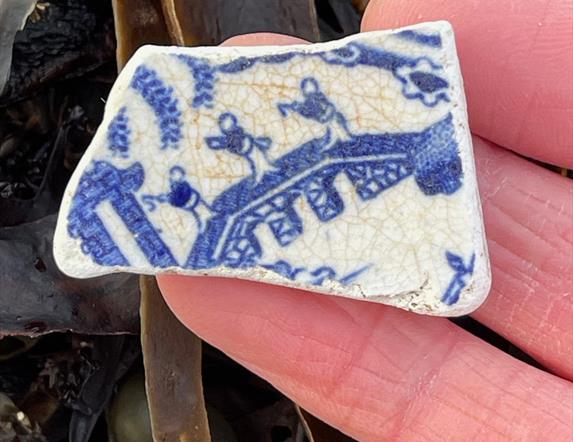 Blue and white pottery from beach