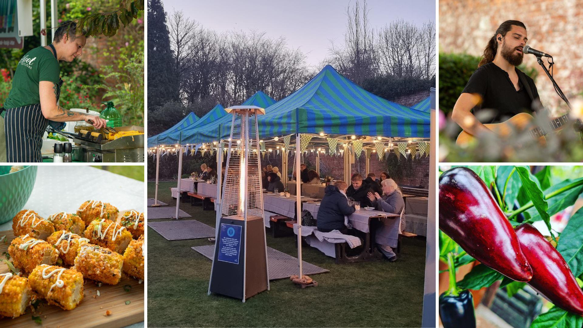 Collage of pics, evening BBQ in Bangor Castle Walled Garden, Chilli plant, sweetcorn, Lightfoot Kitchen barbequeing and musician playing guitar and si