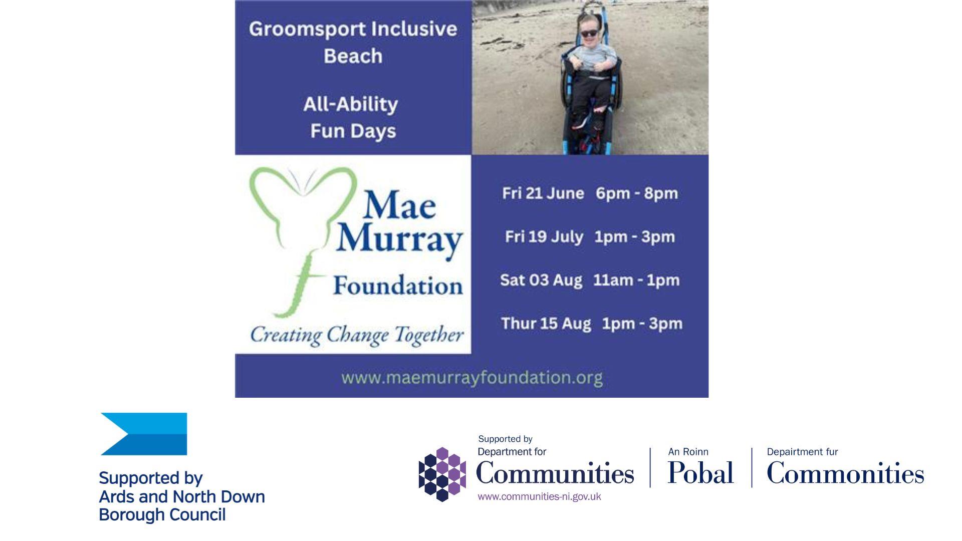 Mae Murray Foundation summer 2024 activity poster with supported by Ards and North Down Borough Council and Department for Communities