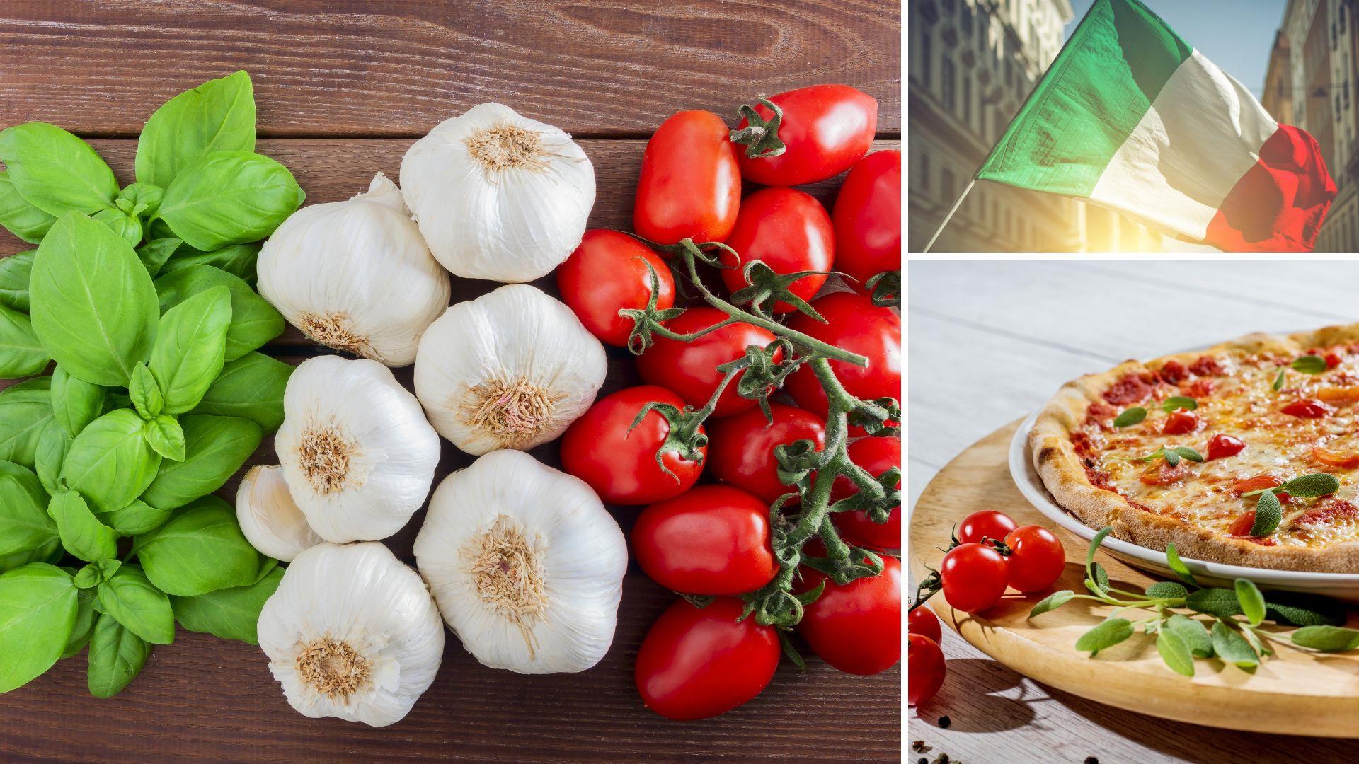 Collage of food associated with Italy, garlic tomato and green herbs, the Italian flag and a pizza on a wooden board with herbs and tomatoes surroundi