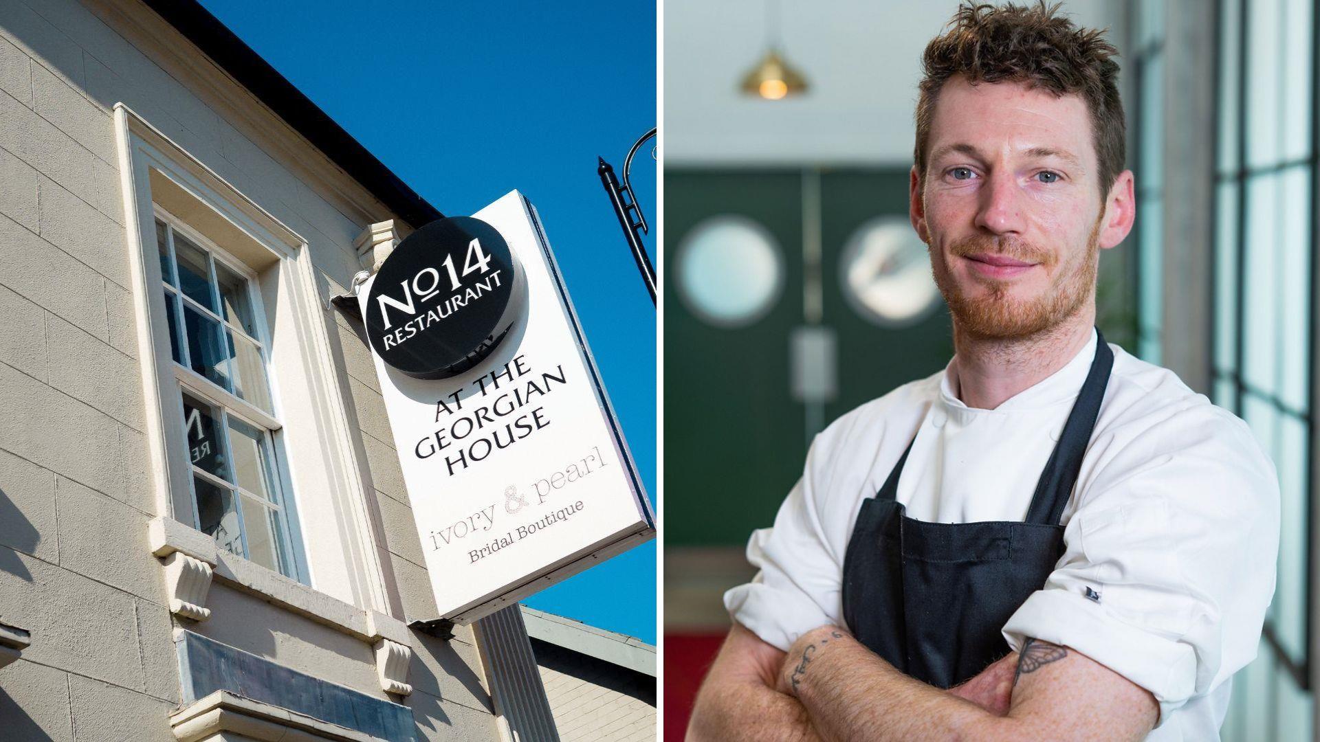 Collage of two images, left hand side close up of No 14 Restaurant sign and right hand image, chef Paul Cunningham standing with his arms folded.