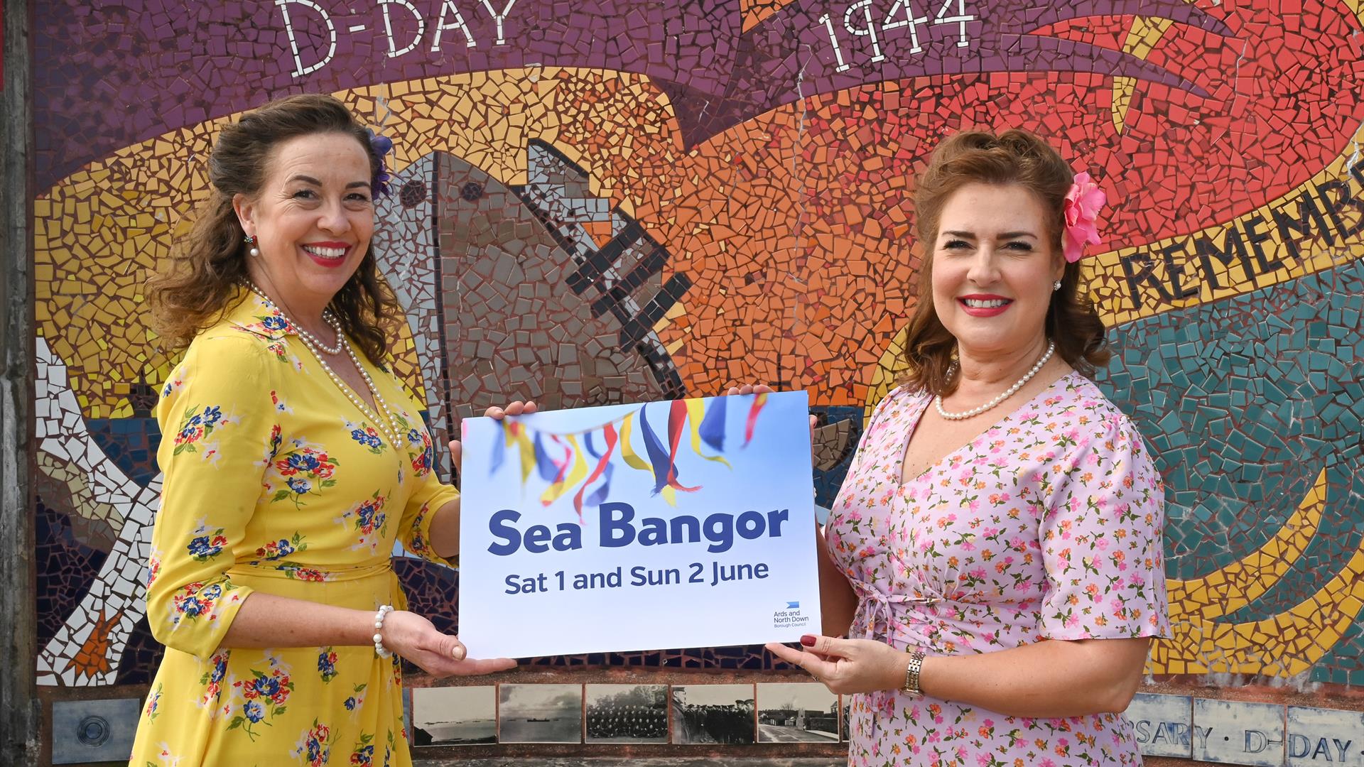 Members of music acts Soda Popz and the Leading Ladies Trio promote Sea Bangor on Eisenhower Pier