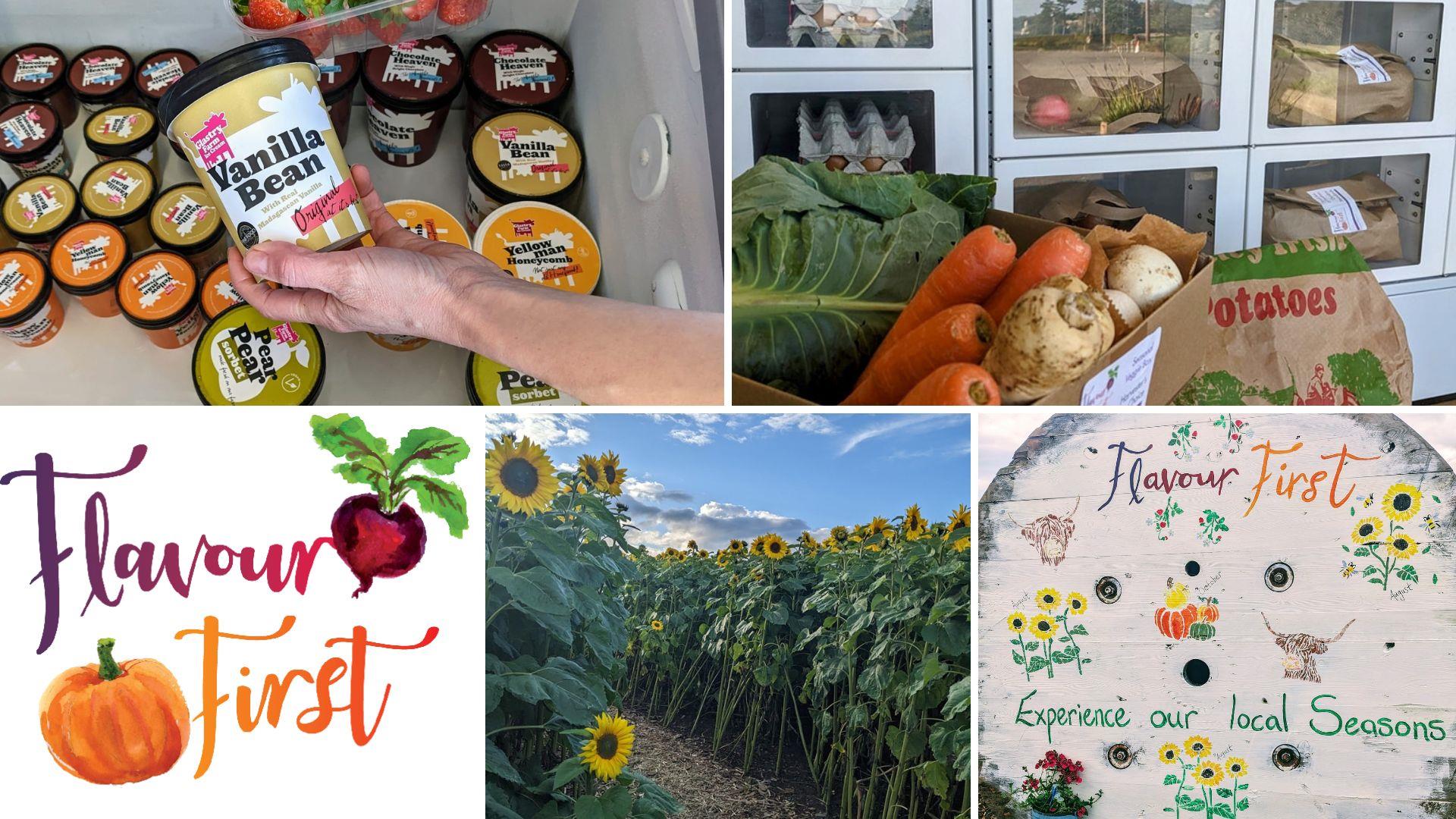 Collage of images including Flavour First logo, vending machines, sunflowers and Glastry Farm ice cream with Strawberries