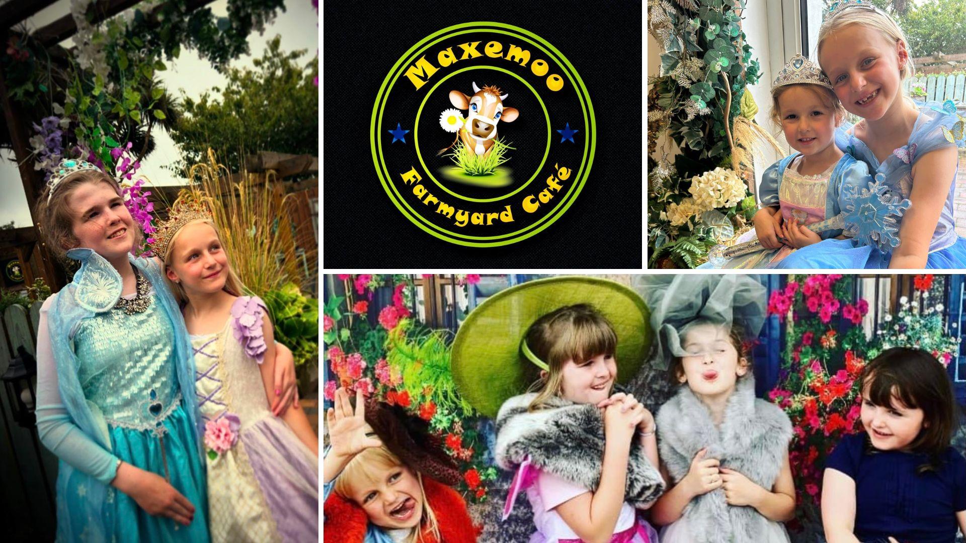 Princess pamper day collage, girls dressed as princesses and the Maxemoo Cafe logo