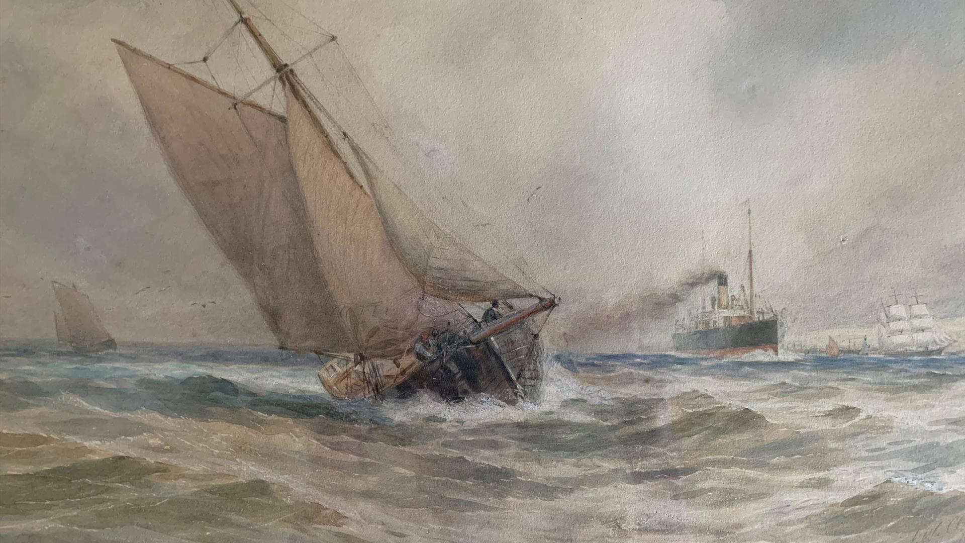 A painting of ships on the water by Irish Artist Joseph William Carey 