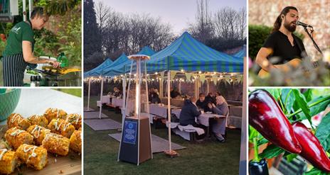 Collage of pics, evening BBQ in Bangor Castle Walled Garden, Chilli plant, sweetcorn, Lightfoot Kitchen barbequeing and musician playing guitar and si