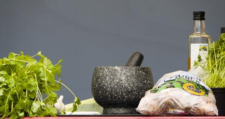 Ingredients and pestle and mortar at the Demo Kitchen