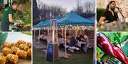 Collage of pics, evening BBQ in Bangor Castle Walled Garden, Chilli plant, sweetcorn, Lightfoot Kitchen barbequeing and musician playing guitar and si