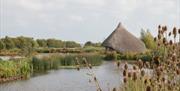 View of a lagoon and the Crannog roundhouse - a circular building with a thatched roof.