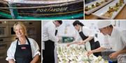 Collage of Dine at Dock images, waiters and waitresses serving food, and food dishes