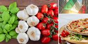 Collage of food associated with Italy, garlic tomato and green herbs, the Italian flag and a pizza on a wooden board with herbs and tomatoes surroundi